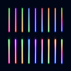 Neon lights tubes set. Colorful glowing lines collection isolated on dark blue background. Halogen or led gradient lamps elements pack for night party or game design. Color bright vector illustration.