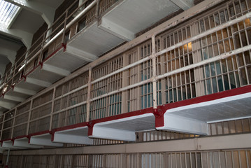 several rows of prison cells on Alcatraz Island, San Francisco, California