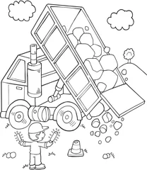 Poster de jardin Dessin animé Camion à benne basculante de construction mignon Vector Illustration Art