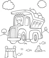 Poster de jardin Dessin animé Mignon camion à benne basculante Construction Vector Illustration Art