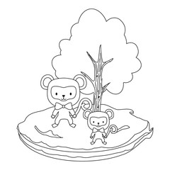 cute monkeys around a tree over white background, vector illustration