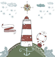 Red beacon vector ribbon anchor kompas snowflake snow cloud landscape waves crab lighthouse pharos, screed, seamarkvector card postcard on white background © Anna Terleeva