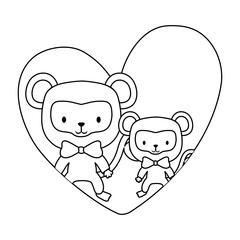 heart with cute monkeys over white background, vector illustration