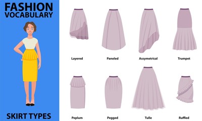 Skirt vocabulary collections of standard classic simple skirts. Many types of skirts sutable on vector nice vector model. Simple style.