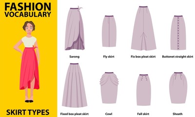 Skirt vocabulary collections of standard classic simple skirts. Many types of skirts sutable on vector nice vector model. Simple style.