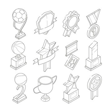 Linear isometric icon set of various sport trophies