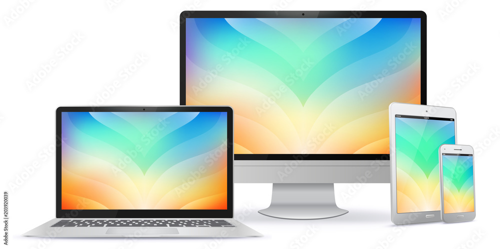 Wall mural computer monitor, laptop, tablet pc and mobile phone screen with colorful abstract background