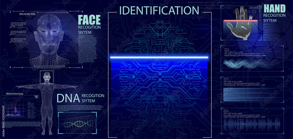 Poster authorization verification biometric scanners set of editable text and neon colored electronic inter