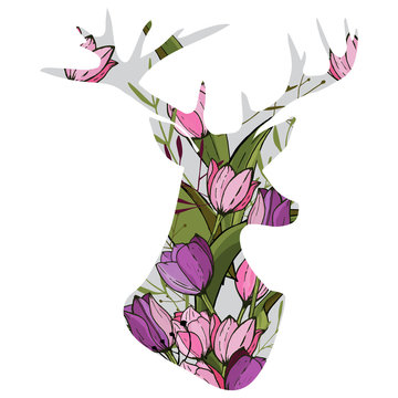 Vector illustration of double exposure deer with tulips