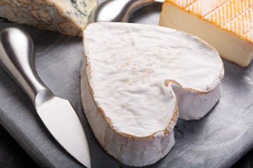French cheeses plate in assortment,  Neufchatel heart shaped aged white cow cheese from Normandy