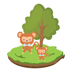 cute monkeys around a tree over white background, colorful design.  vector illustration