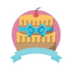 emblem with birthday cake icon over white background, colorful design. vector illustration