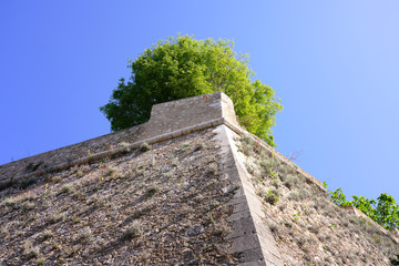 View of the Citadelle Saint Elme, a landmark historic citadel in Villefranche sur Mer, a coastal resort city on the Mediterranean Sea on the French Riviera