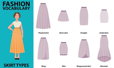 Skirt vocabulary collections of standard classic simple skirts. Many types of skirts sutable on vector nice vector model. Simple style.