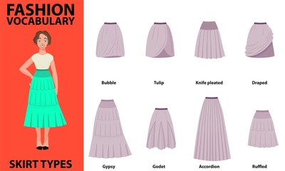 Skirt vocabulary collections of standard classic simple skirts. Many types of skirts sutable on vector nice vector model. Simple style.