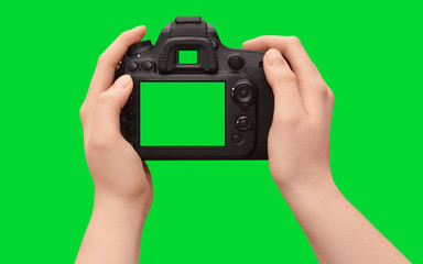 Hands holding dslr camera with empty screen, isolated on green background