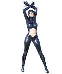 Robot woman. Metal droid with woman's face. Artificial Intelligence. Conceptual fashion art. Realistic 3D render illustration. Studio, isolate, high key.
