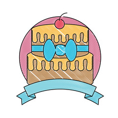 emblem with birthday cake icon over white background, colorful design. vector illustration