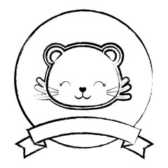 emblem with cute cat and decorative ribbon over white background, vector illustration