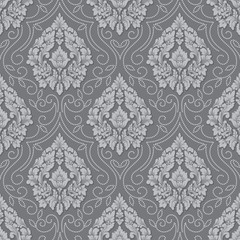 Vector volumetric damask seamless pattern background. Elegant luxury embossed texture for wallpapers, backgrounds and page fill. 3D elements with shadows and highlights.