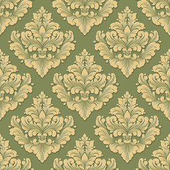 Vector volumetric damask seamless pattern background. Elegant luxury embossed texture for wallpapers, backgrounds and page fill. 3D elements with shadows and highlights.
