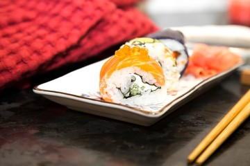 Sushi rolls with garnish