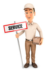3d delivery man with service sign and package
