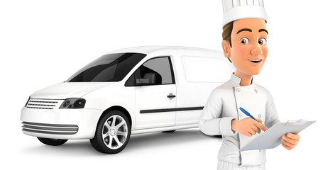 3d head chef with notepad in front of car