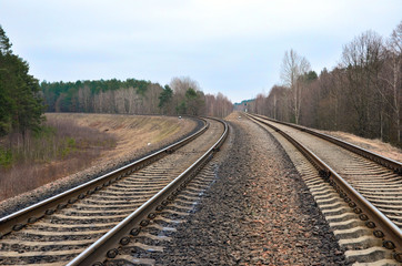 Fototapeta na wymiar The divergent railroad tracks running along the forest
