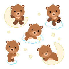 Adorable flat bears on clouds or moon. Vector.