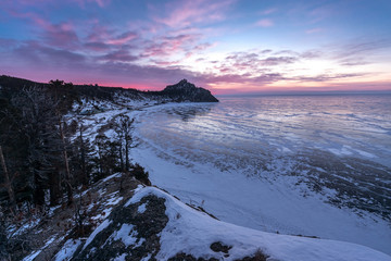 Winter sunrise in Sandy Bay on Lake Baikal