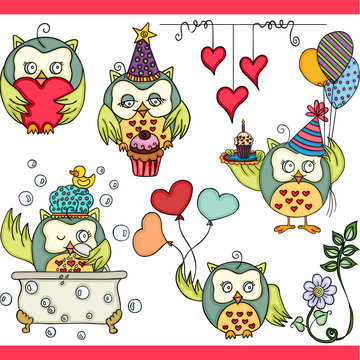 Happy owl girl set digital elements
