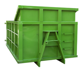Newly painted green industrial dumpster container. Isolated.