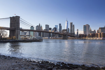 New York, Lower Manhattan skyline with Brooklyn Bridge