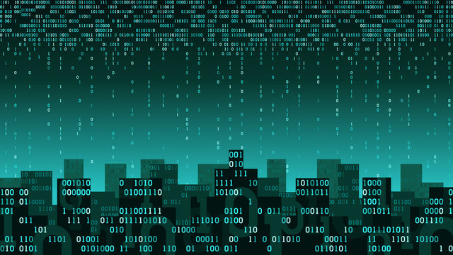 Abstract smart city with the artificial intelligence and internet of things, city connected to cloud storage, binary data stream, big data, futuristic network digital technology concept