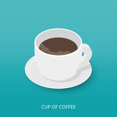 Isometric coffee cup icon. View of a cup of coffee with saucer. Vector illustration