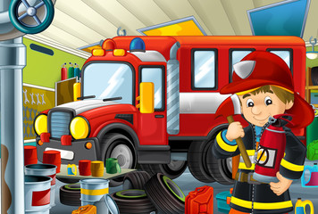 cartoon scene with fireman in garage near some vehicle - fireman car - or cleaning work place - illustration for children