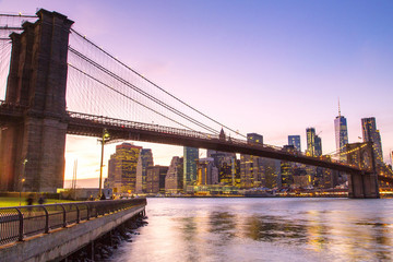 New York, Lower Manhattan skyline with Brooklyn Bridge
