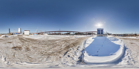 full seamless panorama 360 angle view in winter snow field place site construction of a mining...