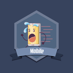 emblem of mobile concept with cartoon smartphone running over gray background, colorful design. vector illustration