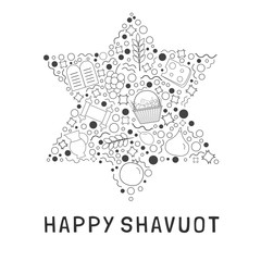 Shavuot holiday flat design black thin line icons set in star of david shape with text in english