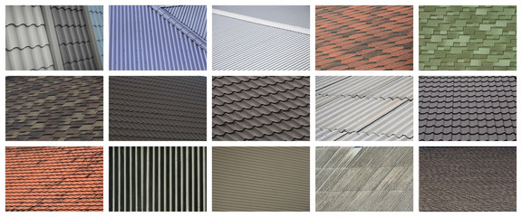 A collage of many pictures with fragments of various types of roofing close up. A set of images with roof coating textures - obrazy, fototapety, plakaty
