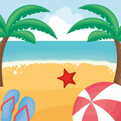 Fototapeta na wymiar summer vacations design with beach landscape with sandals and tropical palms, colorful design. vector illustration
