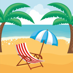 Obraz premium summer vacations design with beach landscape with tropical palms and beach seat, colorful design. vector illustration