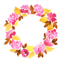 Watercolor wreath of pink dahlia flowers. Hand painted floral frame arrangement