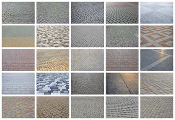 A collage of many pictures with fragments of paving tiles close-up. Set of images with pavement...