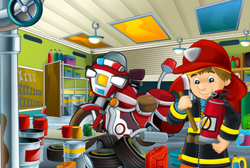 cartoon scene with fire fighter and motorbike in the repair garage - illustration for children  