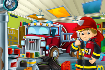 cartoon scene with fireman in garage near some vehicle - fireman car - or cleaning work place - illustration for children