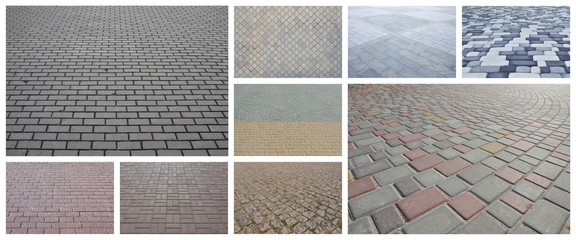 A collage of many pictures with fragments of paving tiles close-up. Set of images with pavement...