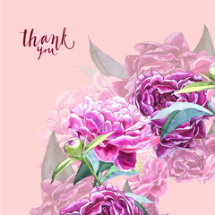 Vintage peony template. Watercolor illustration. Design elements for cards, invitations and textile. Isolated on white.